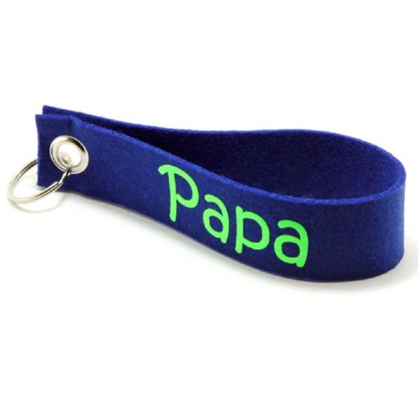 Schlüsselanhänger aus Polyesterfilz in Dunkelblau mit Aufdruck in Flock Papa