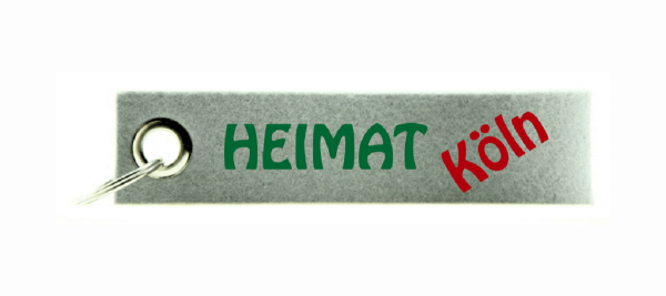 Wollfilz Schlüsselanhänger grau mit grünen Schriftzug Heimat und einen Schriftzug in rot Köln